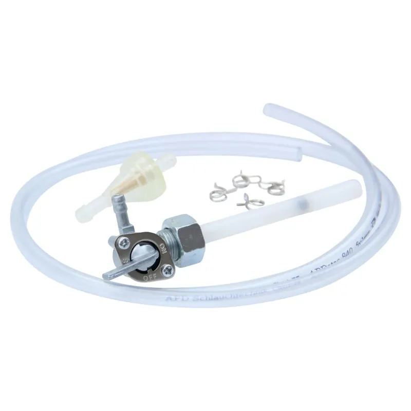 Kostenloser Rückversand Benzinhahn Set, M14 x 1, Abgang links, ohne Wassersack, Metall-Hebel + Filter, Schlauch und Klammern