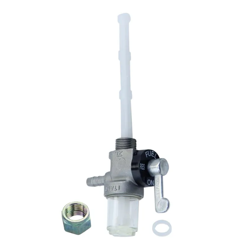 Kostenloser Rückversand Benzinhahn Kraftstoffhahn, M12 x 1, Abgang hinten, mit transparentem Wassersack, Metall-Hebel
