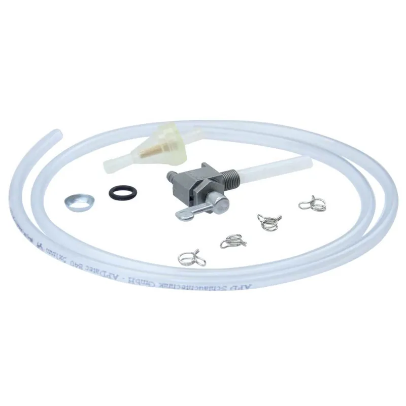 Neue Ware Benzinhahn Set, M10 x 1, Abgang hinten, ohne Wassersack, Metall-Hebel + Filter, Schlauch und Klammern