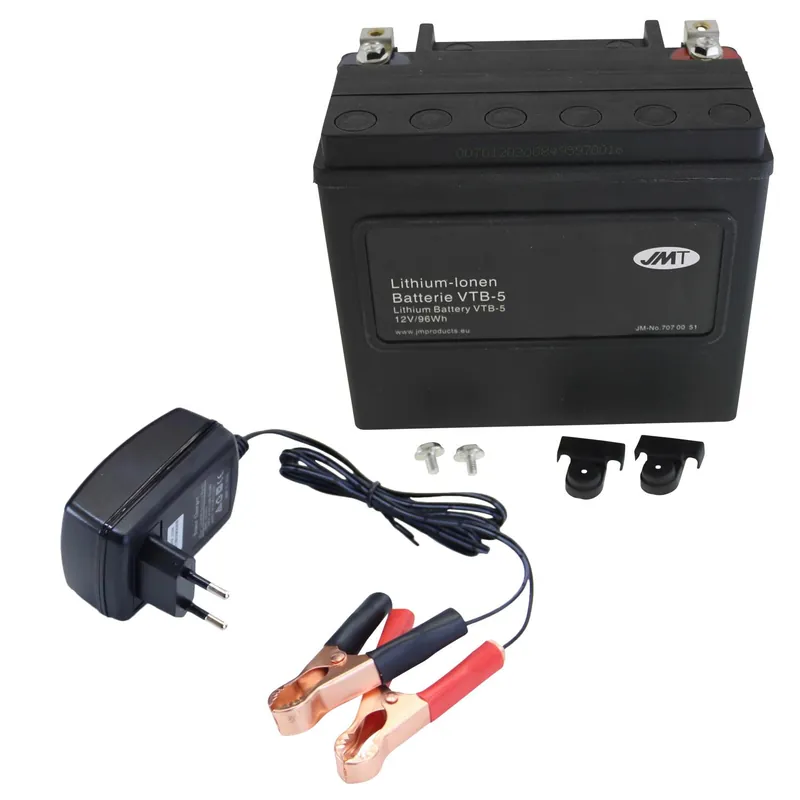 Lithium-Ionen-Batterie JMT VTB-5 V-Twin, 12 V 8 Ah, Pluspol links, DIN 51912 + Ladegerät Günstig