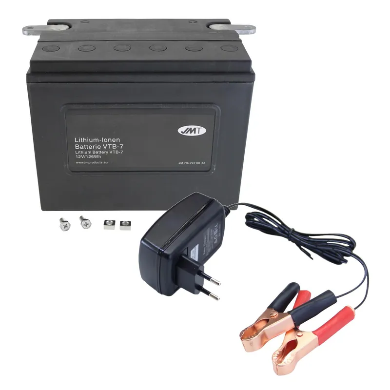 Expressversand Lithium-Ionen-Batterie JMT VTB-7 V-Twin, 12 V 10.5 Ah, Pluspol links, DIN 52810 + Ladegerät